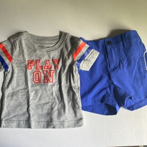 Janie and Jack Cobalt Blue Shorts and Grey Play On Boy Tee Shirt Size 18-24M - Picture 1 of 11